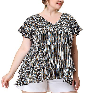 Women's Plus Size Retro Layered Ruffle Hem V Neck Top