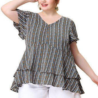 Women's Plus Size Retro Layered Ruffle Hem V Neck Top