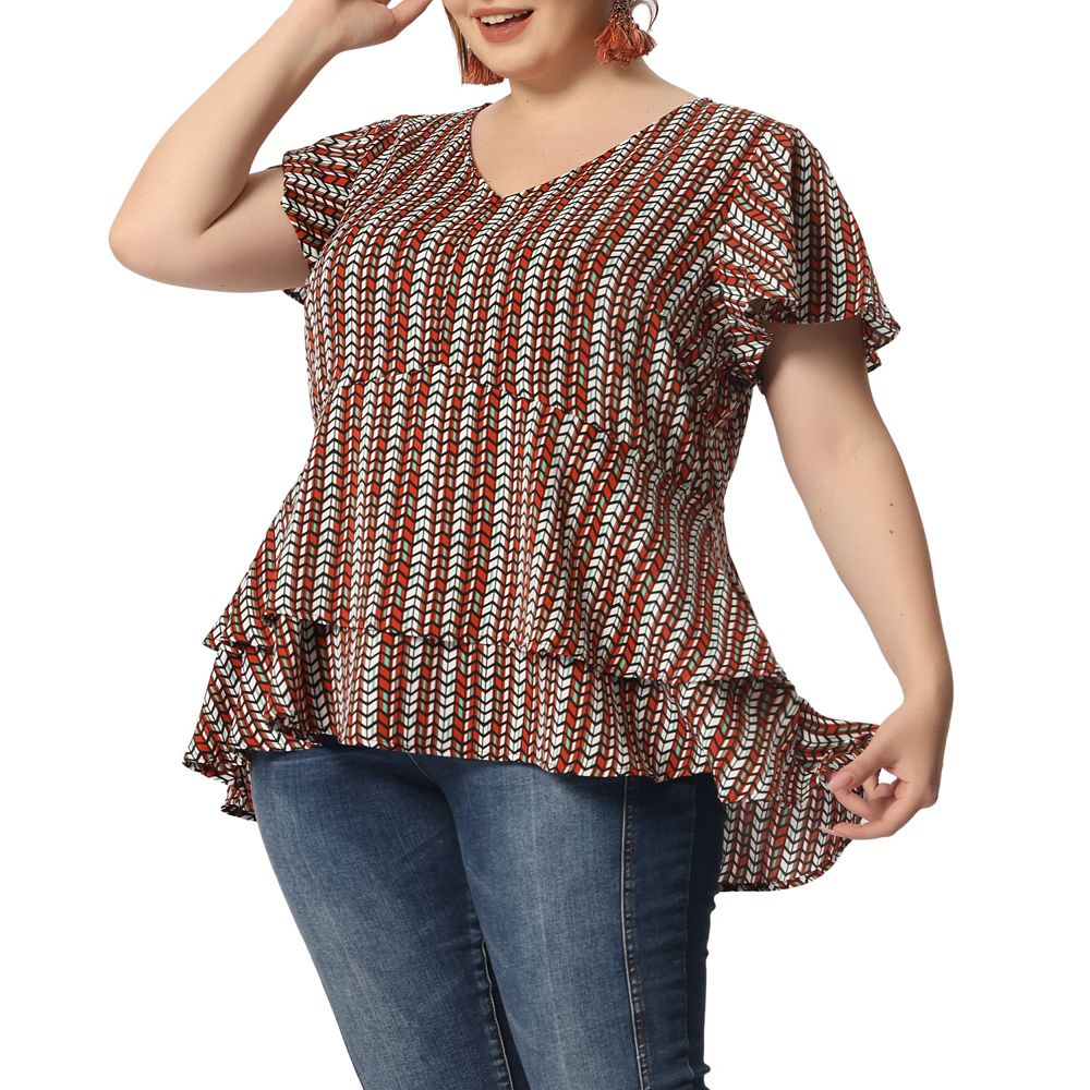 Women's Plus Size Retro Layered Ruffle Hem V Neck Top