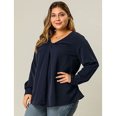 Women's Plus Size Winter Solid Long Sleeve V Neck Twist Casual Top