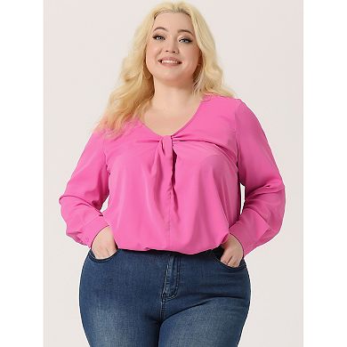 Women's Plus Size Winter Solid Long Sleeve V Neck Twist Casual Top
