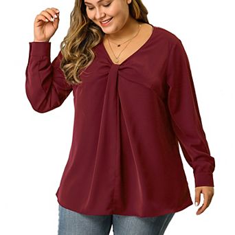 Women's Plus Size Blouses V Neck Twist Knot Button Long Sleeve Tops