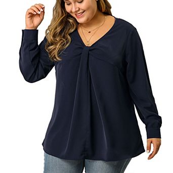 Women's Plus Size Winter Solid Long Sleeve V Neck Twist Casual Top