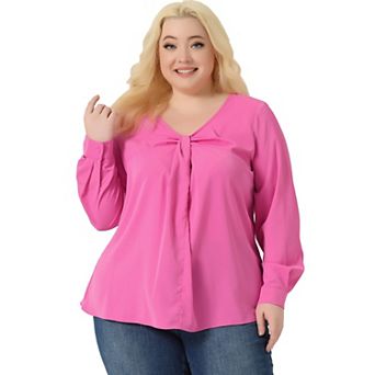 Women's Plus Size Blouses V Neck Twist Knot Button Long Sleeve Tops