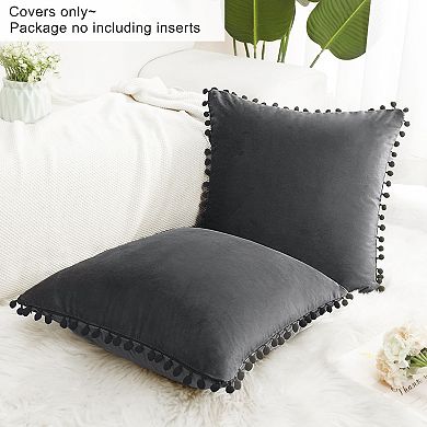 Velvet Pillow Cover With Pompoms For Sofa Bed 2 Pcs 16"x16"