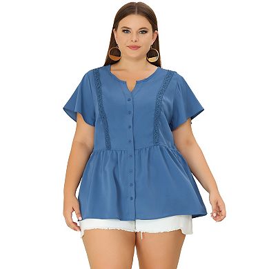 Women's Plus Size Work Short Sleeve Button Down Peplum Shirt