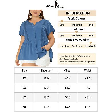 Women's Plus Size Work Short Sleeve Button Down Peplum Shirt