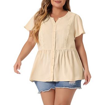 Women's Plus Size Work Short Sleeve Button Down Peplum Shirt