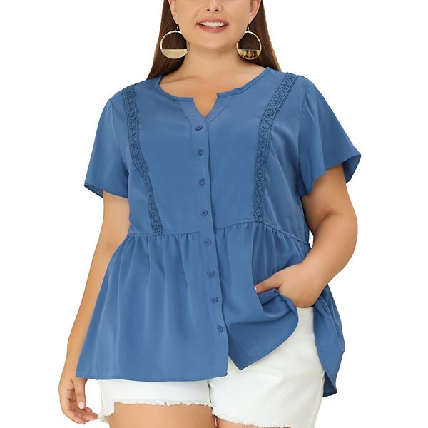 Women's Plus Size Work Short Sleeve Button Down Peplum Shirt