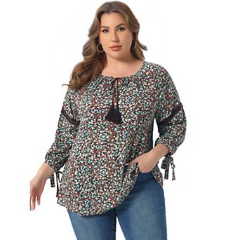Women's Plus Size Fall Fashion Long Sleeves Tie Neck Blouse