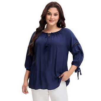 Women's Plus Size Fall Fashion Long Sleeves Tie Neck Blouse