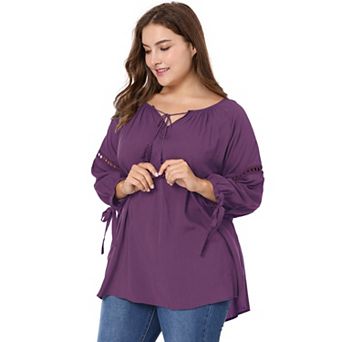 Women's Plus Size Fall Fashion Long Sleeves Tie Neck Blouse