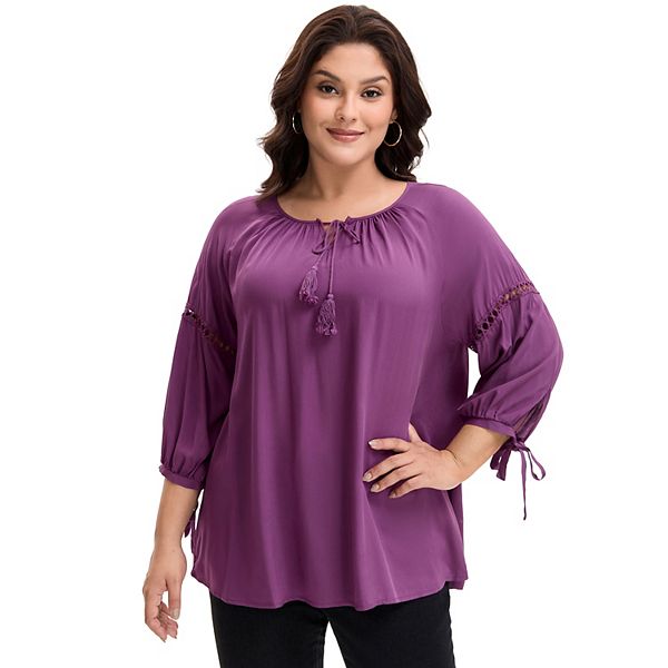 Plus Size Printed Tie Neck Half Sleeve Blouse