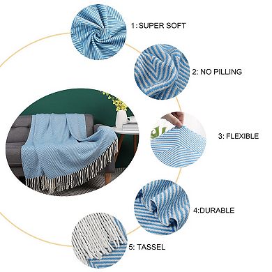 Farmhouse Decorative Acrylic Herringbone Blanket Throw with Fringe Chair 51"x67"