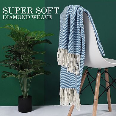 Farmhouse Decorative Acrylic Herringbone Blanket Throw with Fringe Chair 51"x67"
