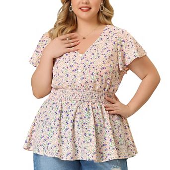 Plus Size Peplum Top for Women Smocked Waist Summer Floral Blouses