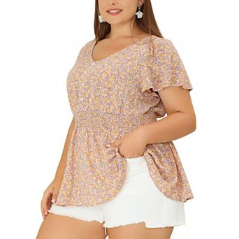 Plus Size Peplum Top for Women Smocked Waist Summer Floral Blouses