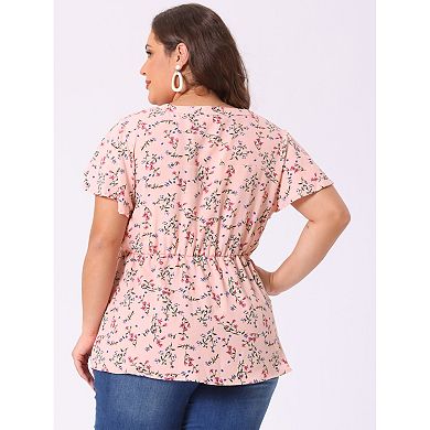 Women's Plus Size Short Sleeve Smocked Waist V Neck Ditsy Floral Blouse