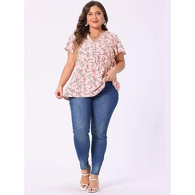 Women's Plus Size Short Sleeve Smocked Waist V Neck Ditsy Floral Blouse