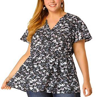 Women's Plus Size Short Sleeve Smocked Waist V Neck Ditsy Floral Blouse