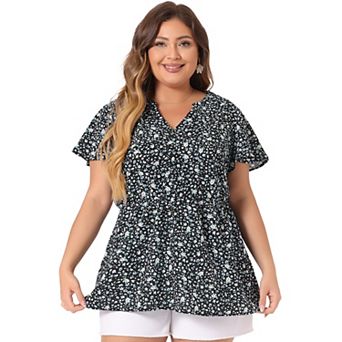 Women's Plus Size Short Sleeve Smocked Waist V Neck Ditsy Floral Blouse