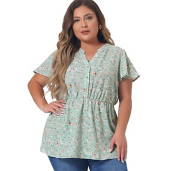 Women's Plus Size Short Sleeve Smocked Waist V Neck Ditsy Floral Blouse