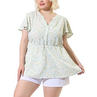 Women's Plus Size Short Sleeve Smocked Waist V Neck Ditsy Floral Blouse