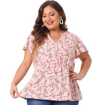 Women's Plus Size Short Sleeve Smocked Waist V Neck Ditsy Floral Blouse
