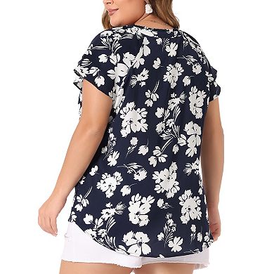 Women's Plus Size Retro Floral Tiered Short Sleeve V Neck Blouses Top