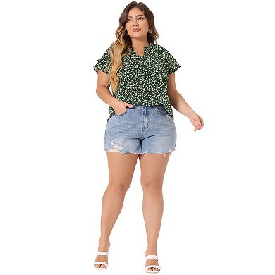 Women's Plus Size Retro Floral Tiered Short Sleeve V Neck Top