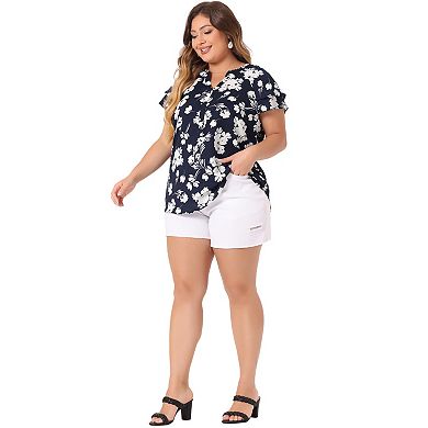 Women's Plus Size Retro Floral Tiered Short Sleeve V Neck Blouses Top