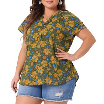 Women's Plus Size Retro Floral Tiered Short Sleeve V Neck Blouses Top