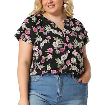 Women's Plus Size Retro Floral Tiered Short Sleeve V Neck Blouses Top