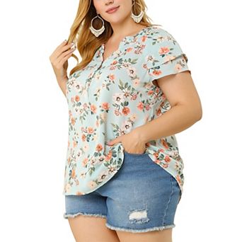 Women's Plus Size Retro Floral Tiered Short Sleeve V Neck Blouses Top