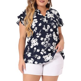 Women's Plus Size Retro Floral Tiered Short Sleeve V Neck Blouses Top