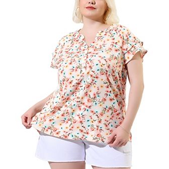 Women's Plus Size Retro Floral Tiered Short Sleeve V Neck Blouses Top