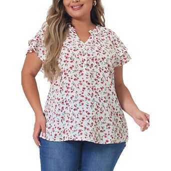 Women's Plus Size Retro Floral Tiered Short Sleeve V Neck Blouses Top