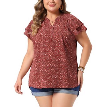 Women's Plus Size Retro Floral Tiered Short Sleeve V Neck Blouses Top