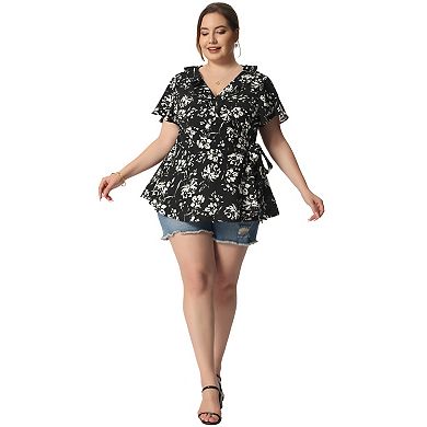 Women's Plus Size Summer Floral Short Sleeve Tie Waist Wrap Blouse