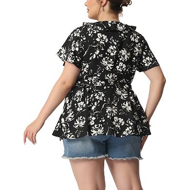 Women's Plus Size Summer Floral Short Sleeve Tie Waist Wrap Blouse
