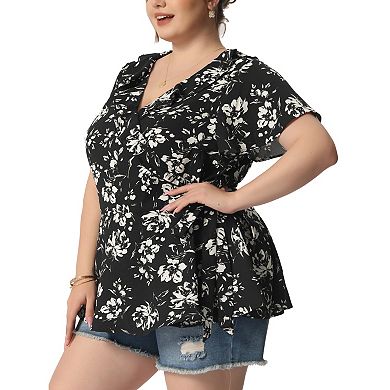 Women's Plus Size Summer Floral Short Sleeve Tie Waist Wrap Blouse