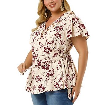 Women's Plus Size Summer Floral Short Sleeve Tie Waist Wrap Blouse
