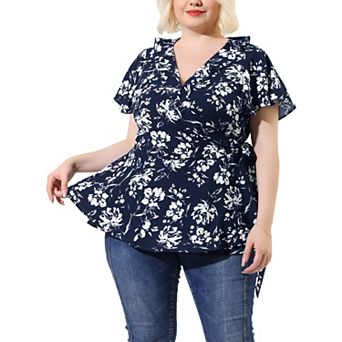 Women's Plus Size Summer Floral Short Sleeve Tie Waist Wrap Blouse