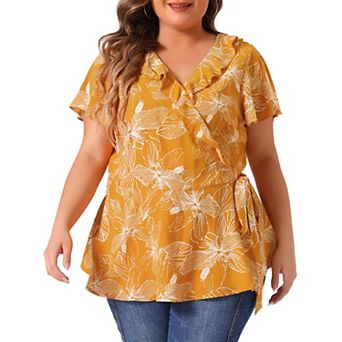 Women's Plus Size Summer Floral Short Sleeve Tie Waist Wrap Blouse
