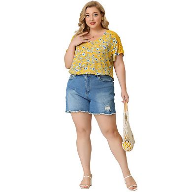 Women's Plus Size V Neck Lace Panel Short Sleeves Floral Blouses