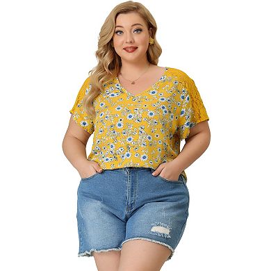 Women's Plus Size V Neck Lace Panel Short Sleeves Floral Blouses