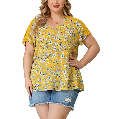Women's Plus Size V Neck Lace Panel Short Sleeves Floral Blouses