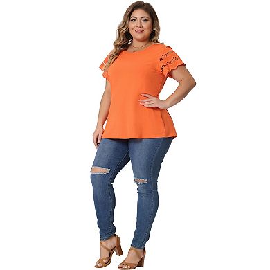 Women's Plus Size Lace Panel Hollow Short Sleeve Tops Crew Neck Casual Blouses