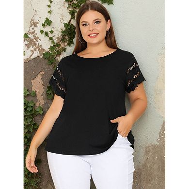 Women's Plus Size Lace Panel Hollow Short Sleeve Tops Crew Neck Casual Blouses