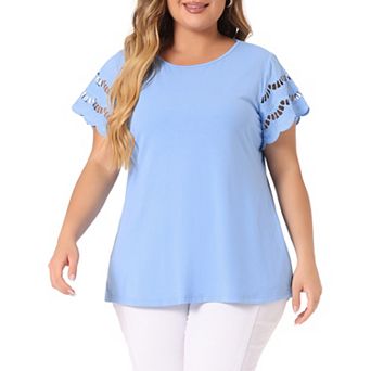 Women's Plus Size Lace Panel Cut-out Short Sleeve Crew Neck Casual Blouses